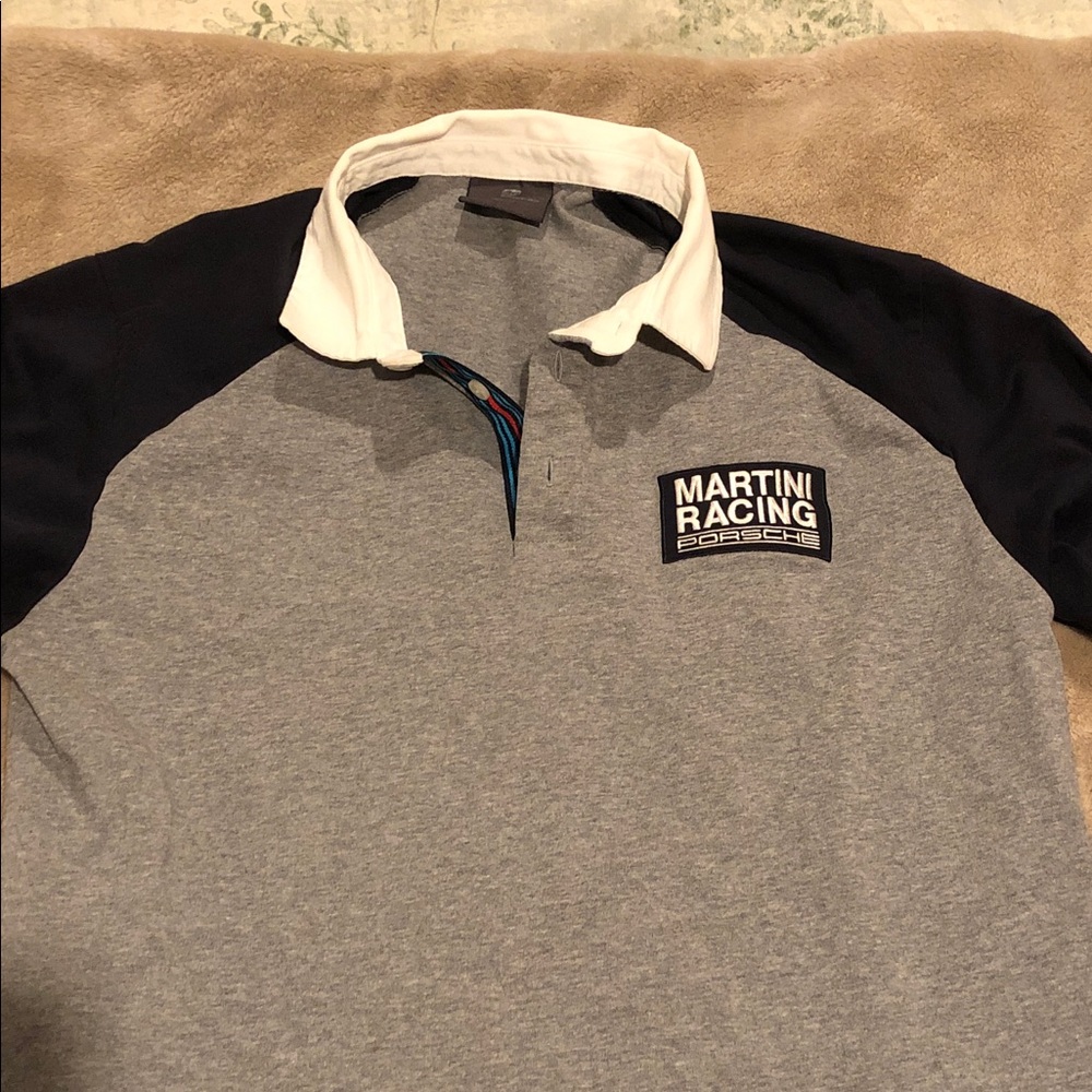 Authentic Porsche Men's Gray and Navy Blue Polo Shirt (Martini Racing)